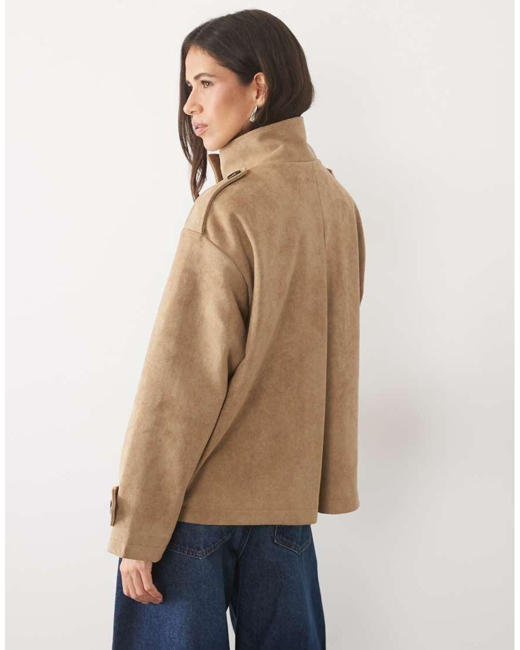 Pretty Lavish Natural Faux Suede High Neck Cropped Trench Coat