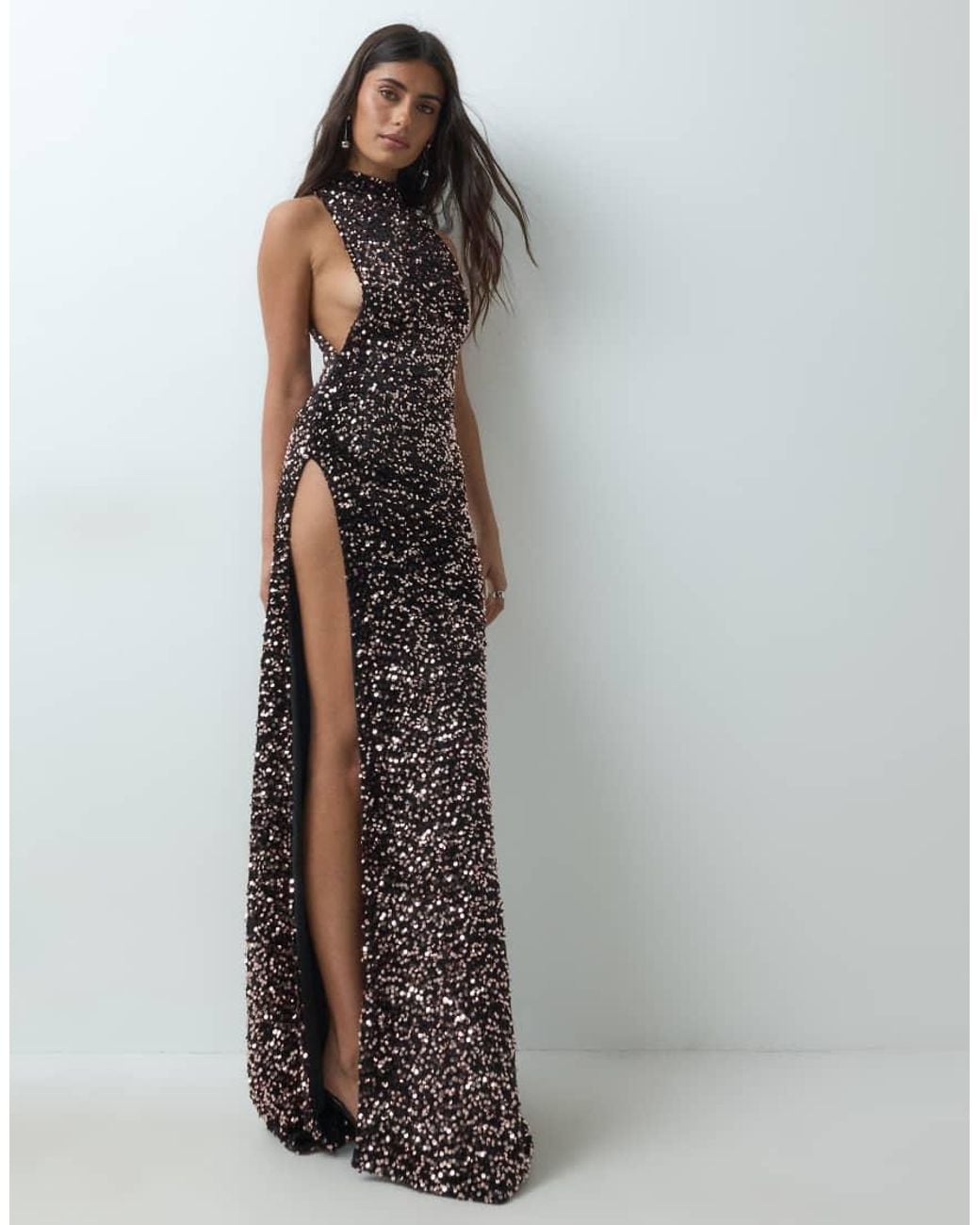 ASOS Gray Velvet Sequin Halter Dropped Armhole Sequin Maxi Dress