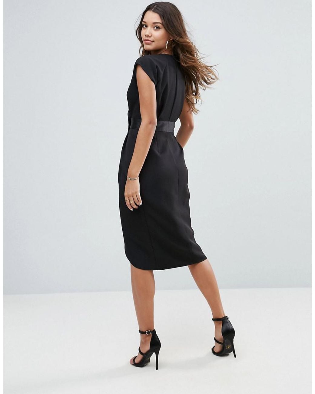 Satin Asos Tall Black Dress ASOS Tux Midi Dress With Satin Detail In Black  Lyst