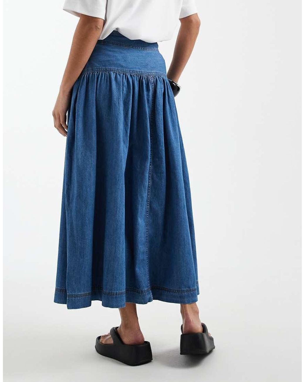 Only Petite Blue Dropped Waist Denim Maxi Skirt