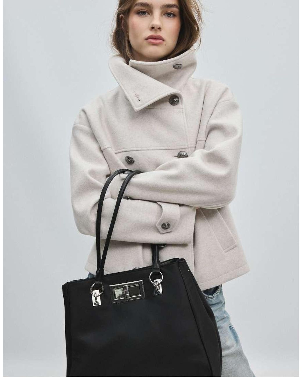 Stradivarius Blue Shopper Bag With Metal Closure