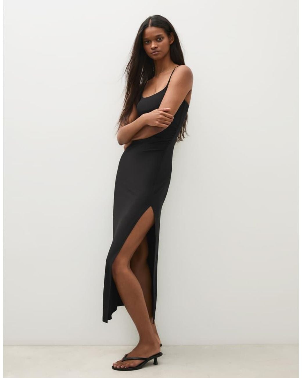 Bershka Black Gathered Strap Midi Dress