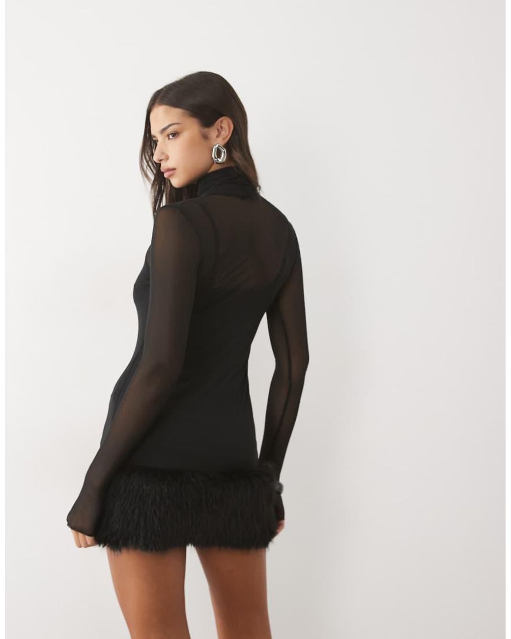 AFRM Black Saige Mesh Mini Dress With Fur Hem Detail