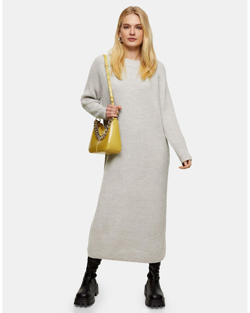 TOPSHOP Knitted Midi Jumper Dress in Brown - Lyst