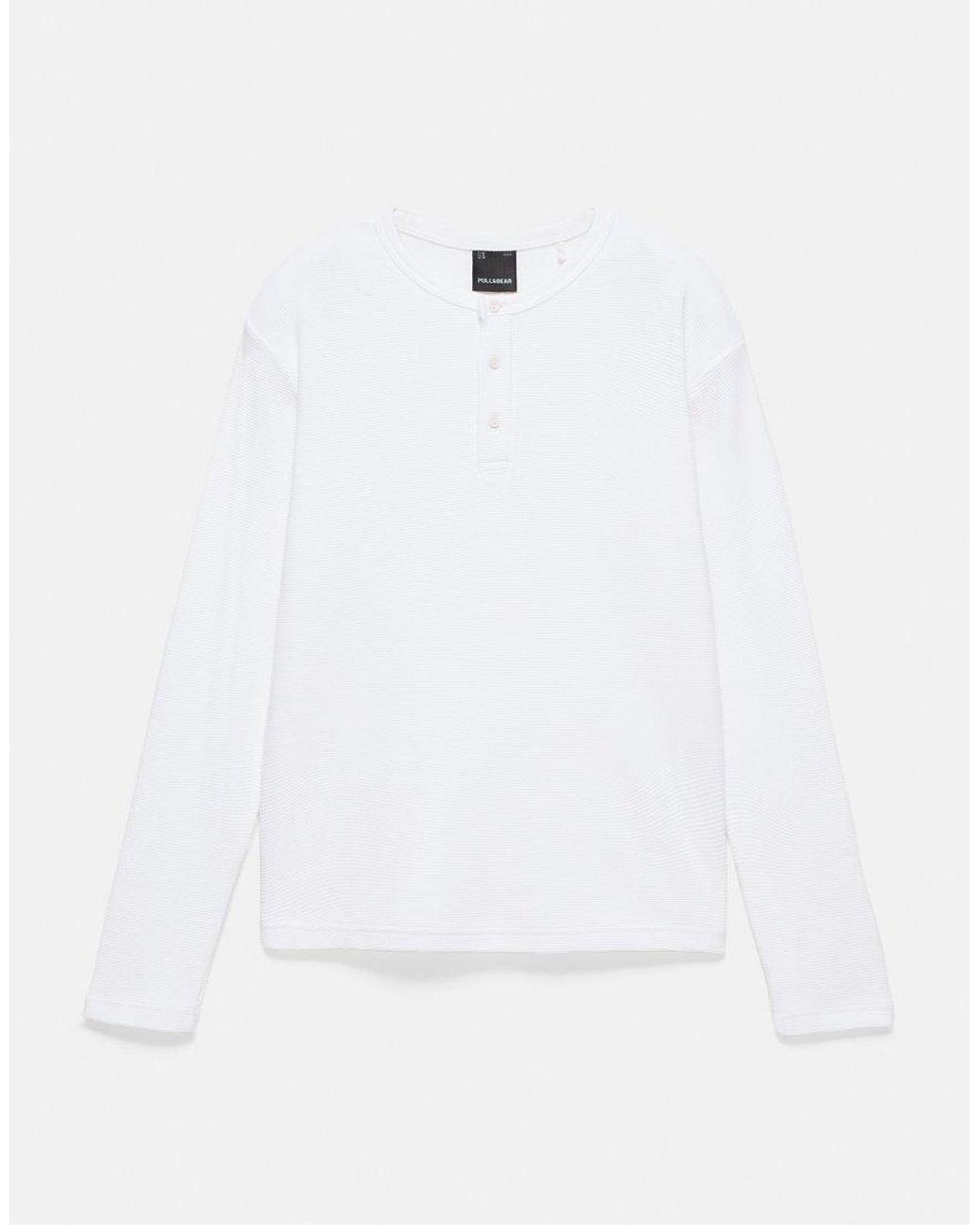 Pull&Bear White Henley Waffle-knit Long Sleeve T-shirt for men