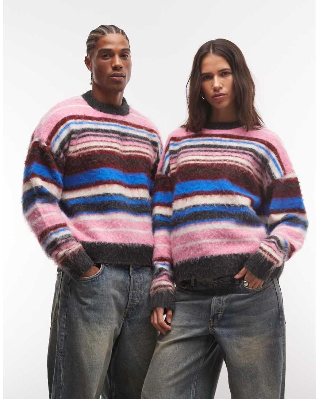 Collusion Multicolor Unisex Fluffy Stripe Oversized Crew Neck Jumper
