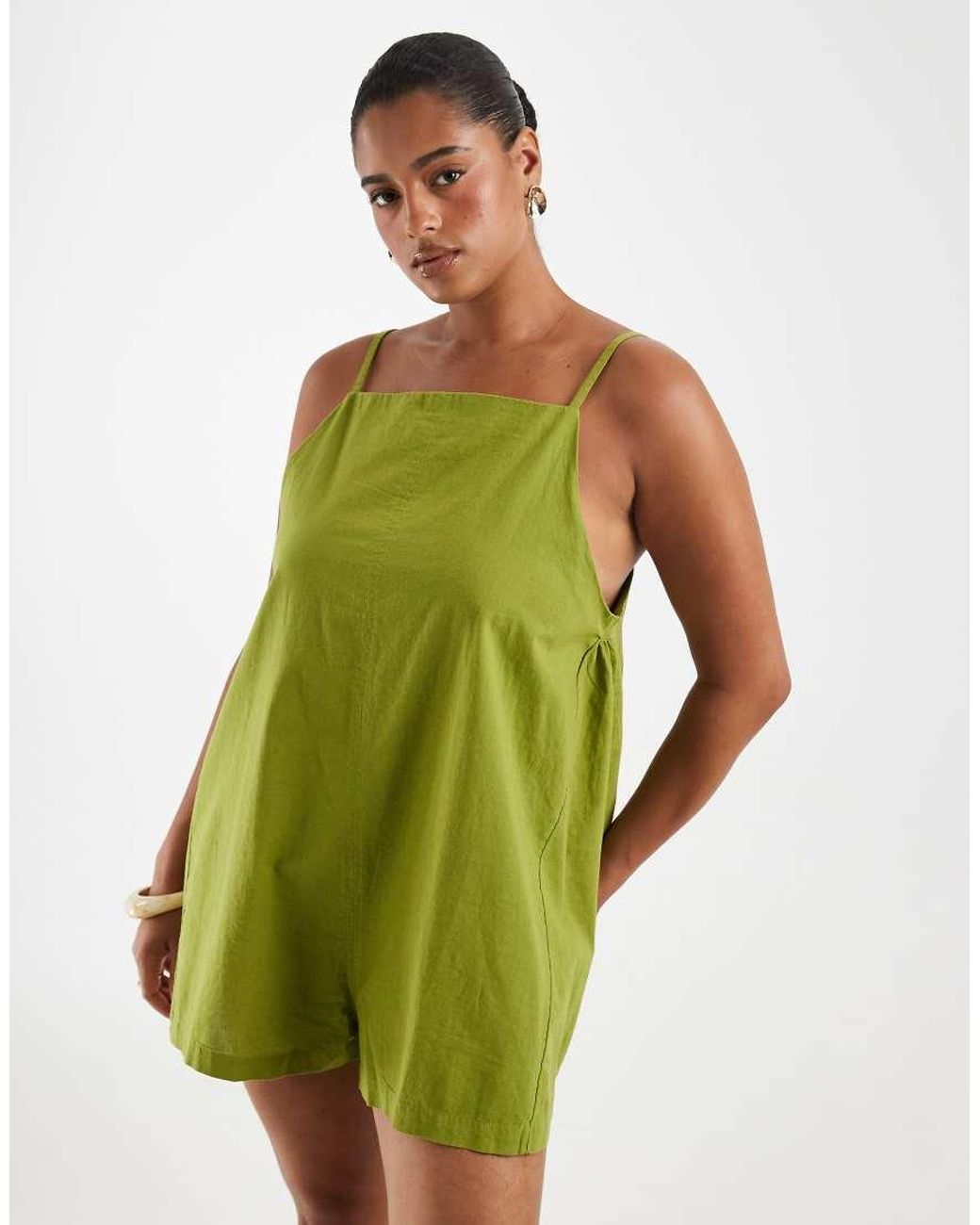 ASOS Green Asos Design Curve Cotton Linen Pinny Playsuit