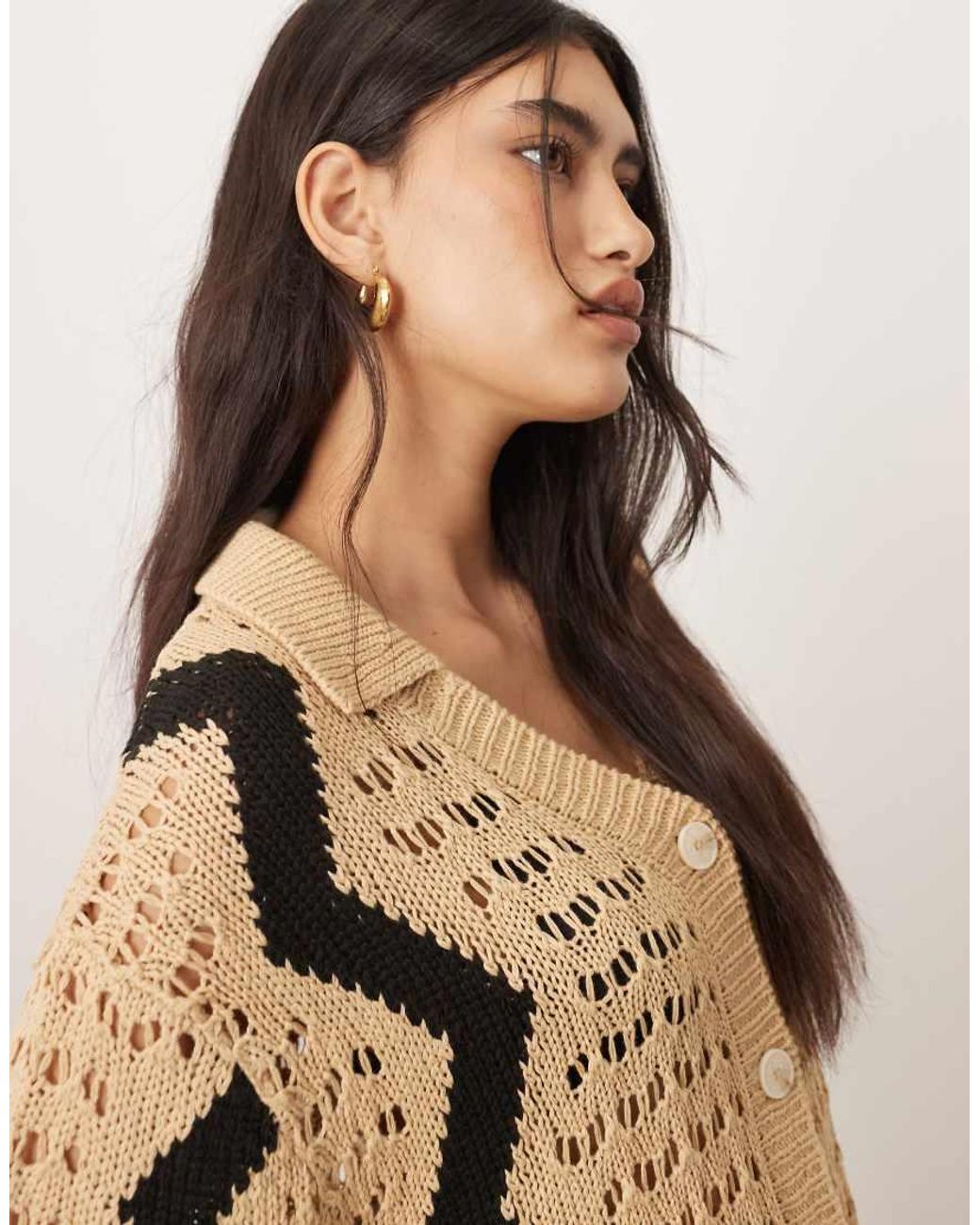 ARRANGE Natural Knitted Oversized Shirt With Zig Zag Co-ord