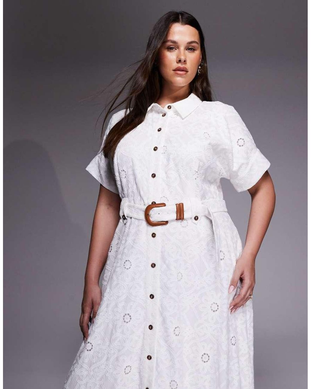 Forever New White Short Sleeve Broderie Shirt Midi Dress
