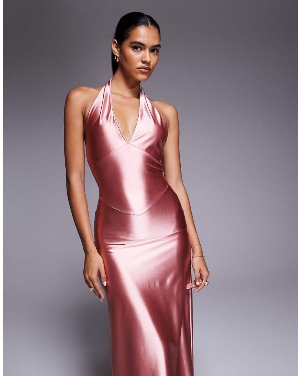 ASOS Pink Plunge Stretch Satin Maxi Dress