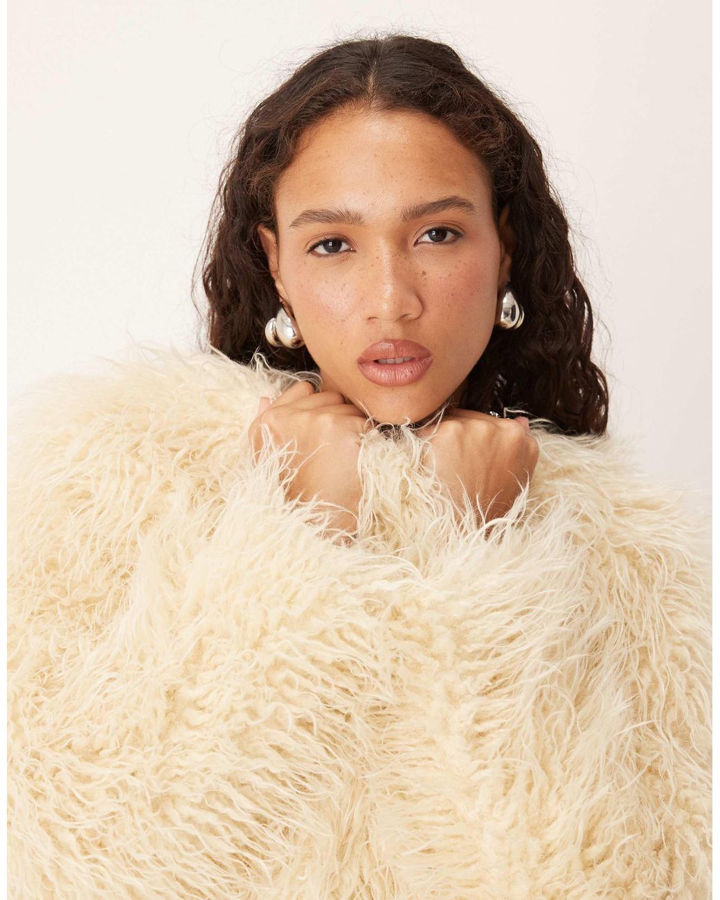 Brave Soul Natural Collarless Short Mongolian Faux Fur Jacket