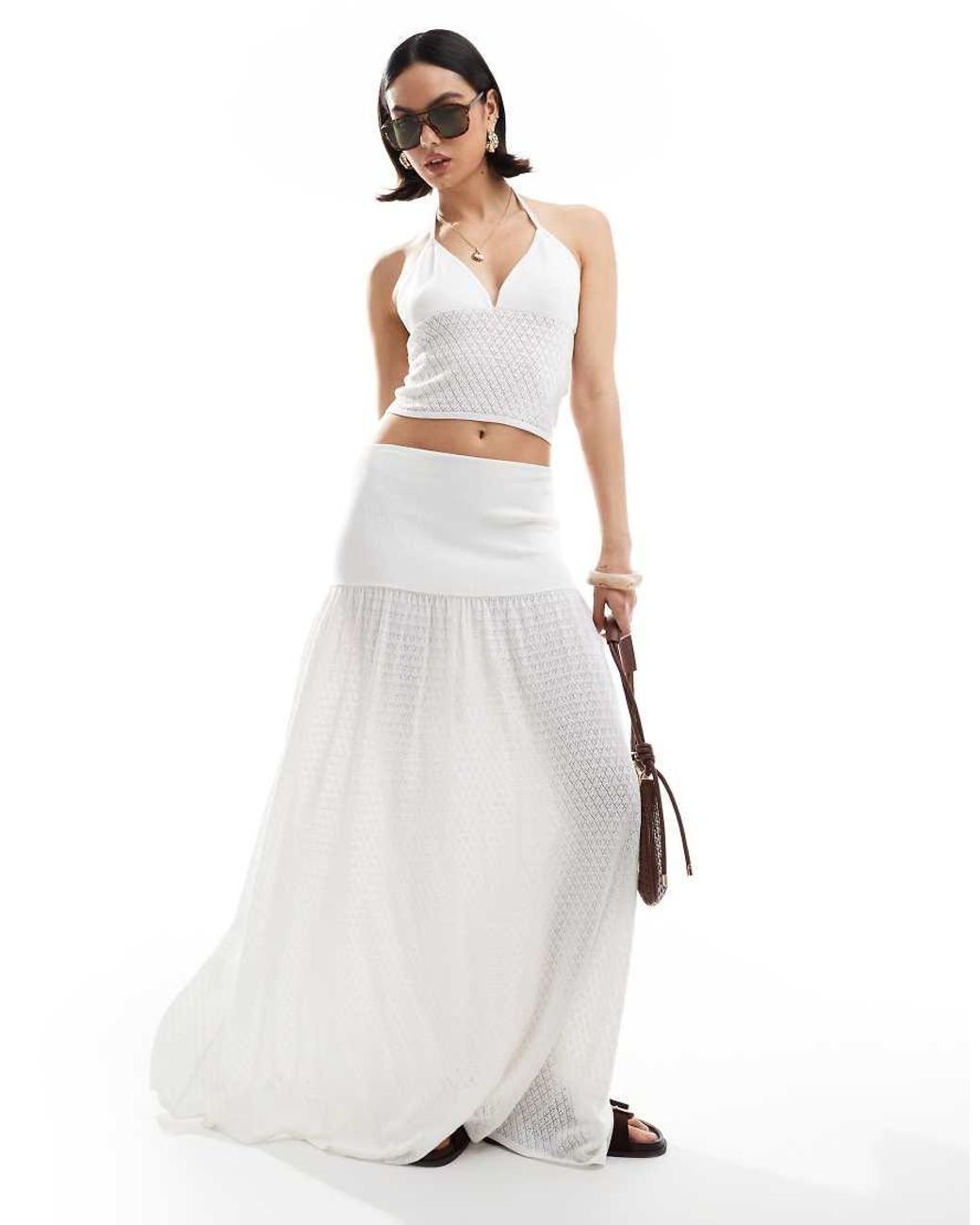 4th & Reckless White Knitted Halterneck Tie Back Beach Cami Top