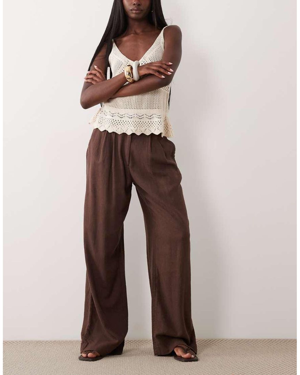 Abercrombie & Fitch Brown Wide Leg Linen Rich Trouser
