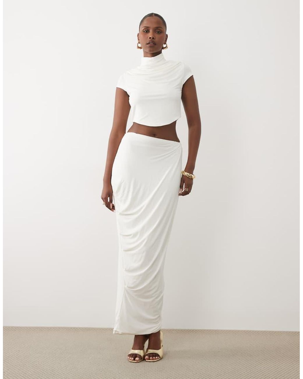 Ruched & Ready White Sculpting Jersey High Neck Cap Sleeve Co-ord Top