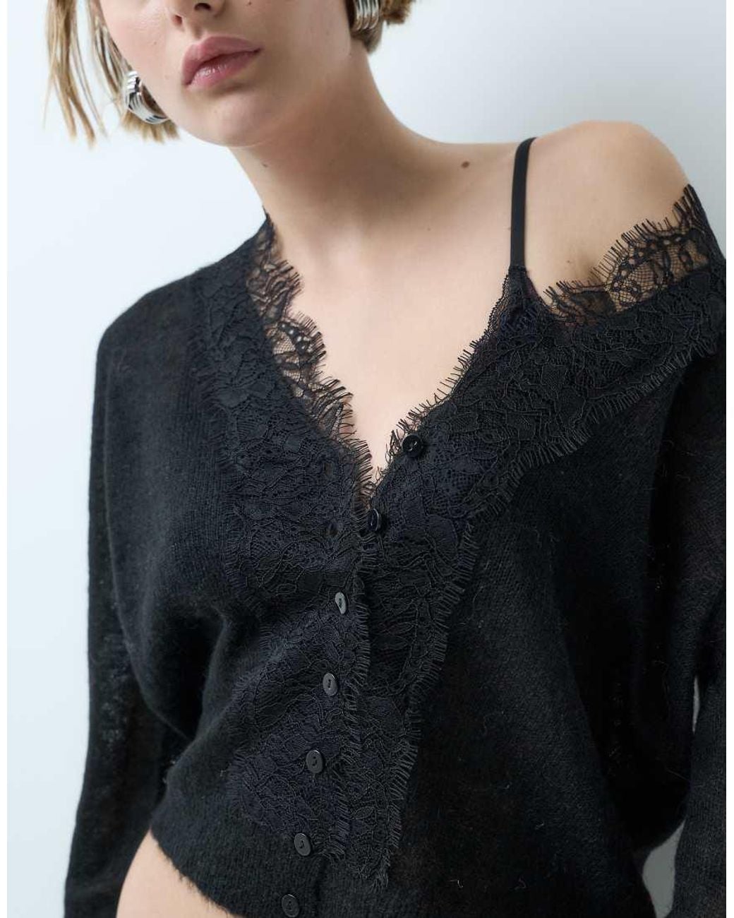 Miss Selfridge Blue Wool And Mohair Lace Trim Fine Gauge Cardigan