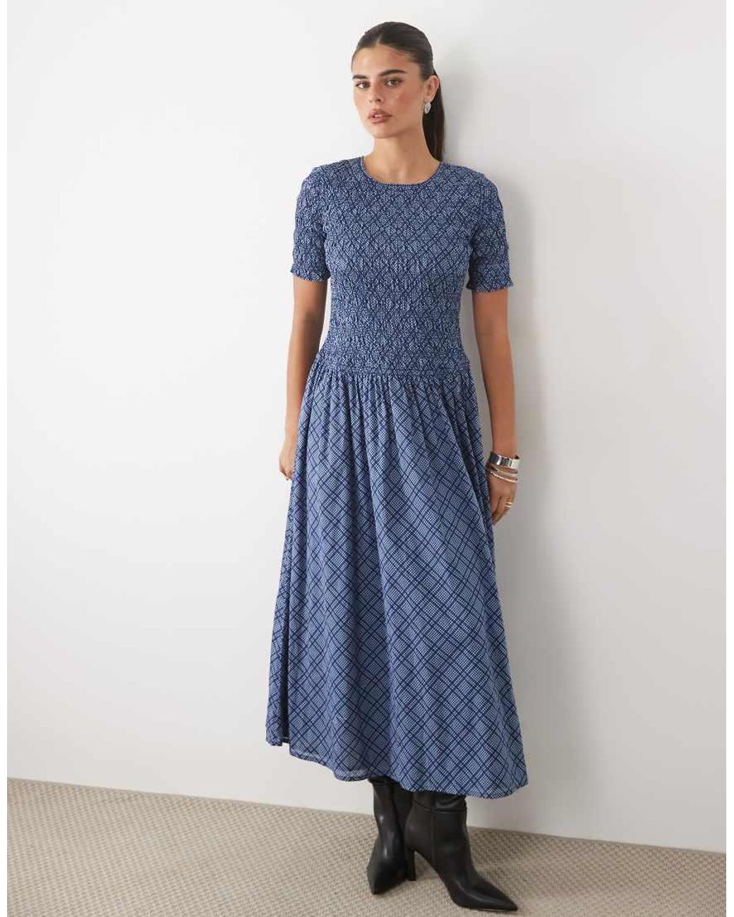 Nobody's Child Blue Shay Cotton Shirred Puff Sleeve Midi Dress