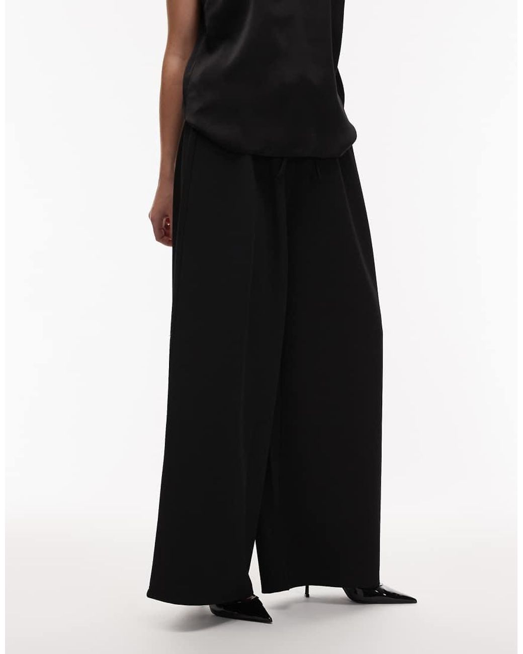 ASOS Black Slinky Twill Super Wide Leg Trousers With Tie Waist