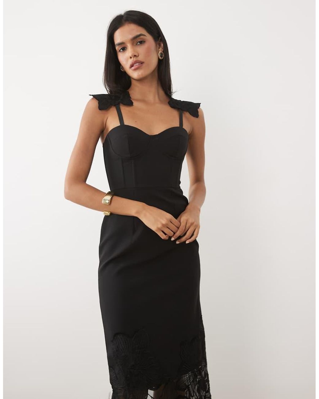 JW PEI Black Lace Embroidered Corset Detail Midi Dress