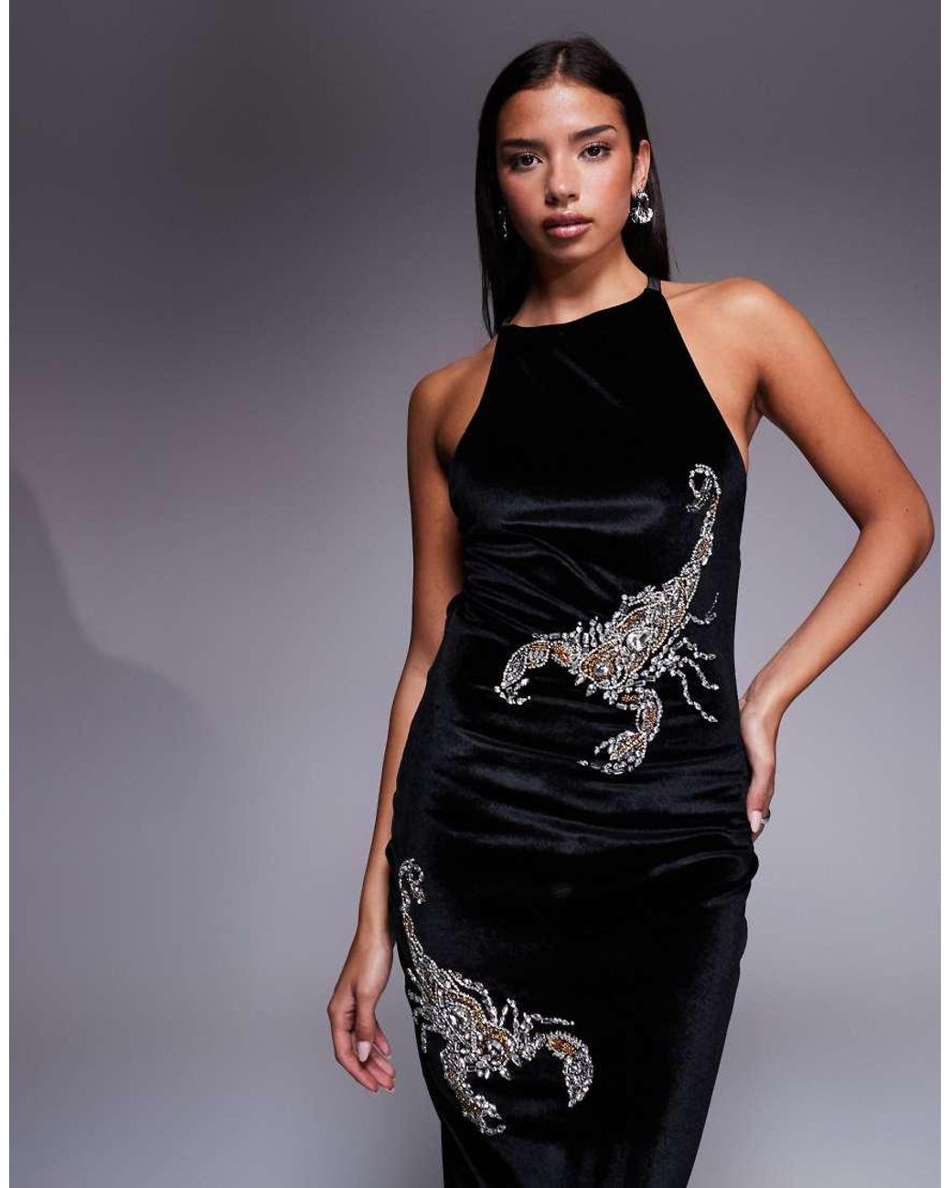 ASOS Blue Velvet Midi Dress With Scorpion Embellishment