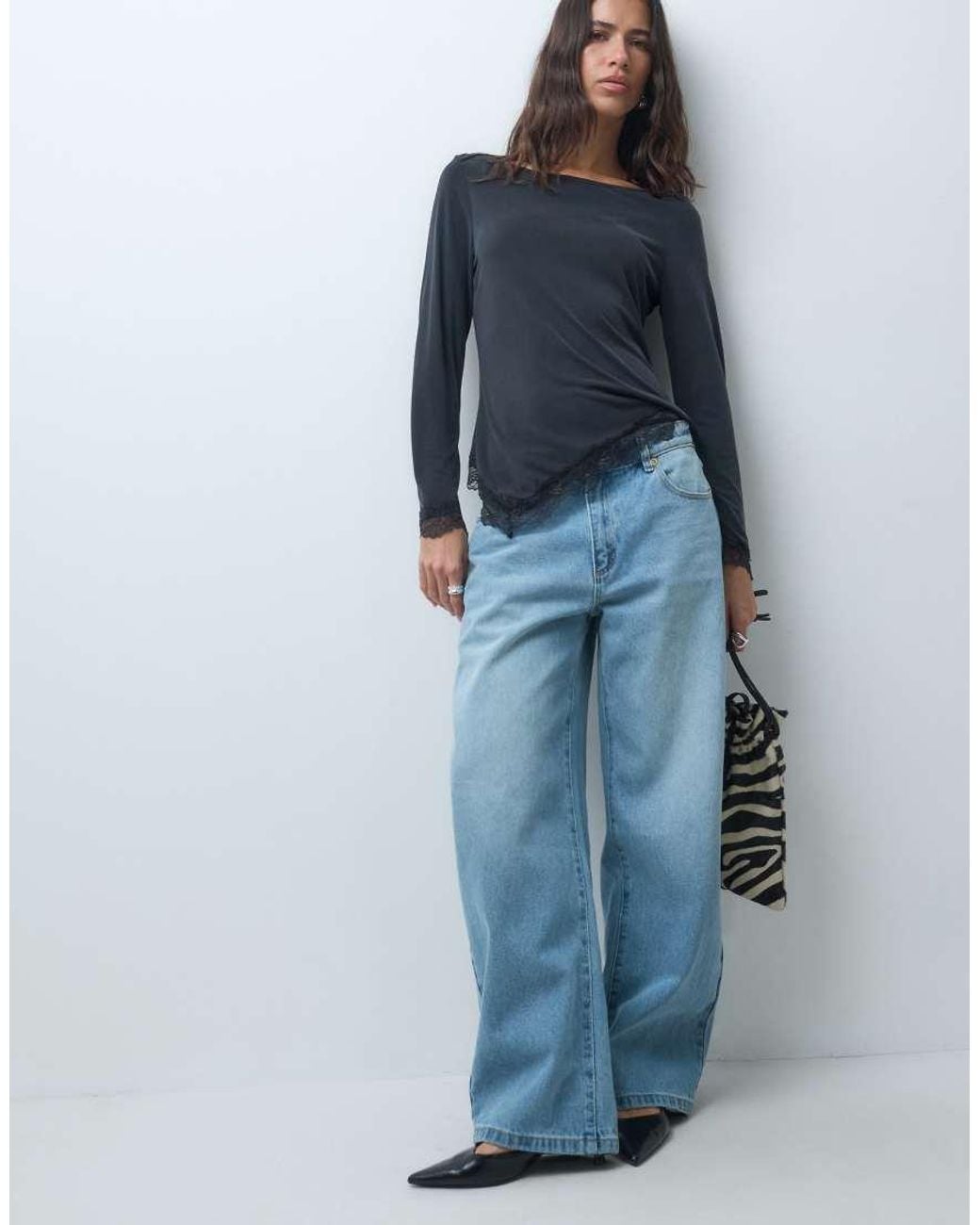 ONLY Blue Crew Neck Asymmetric Long Sleeve Top With Lace Hem