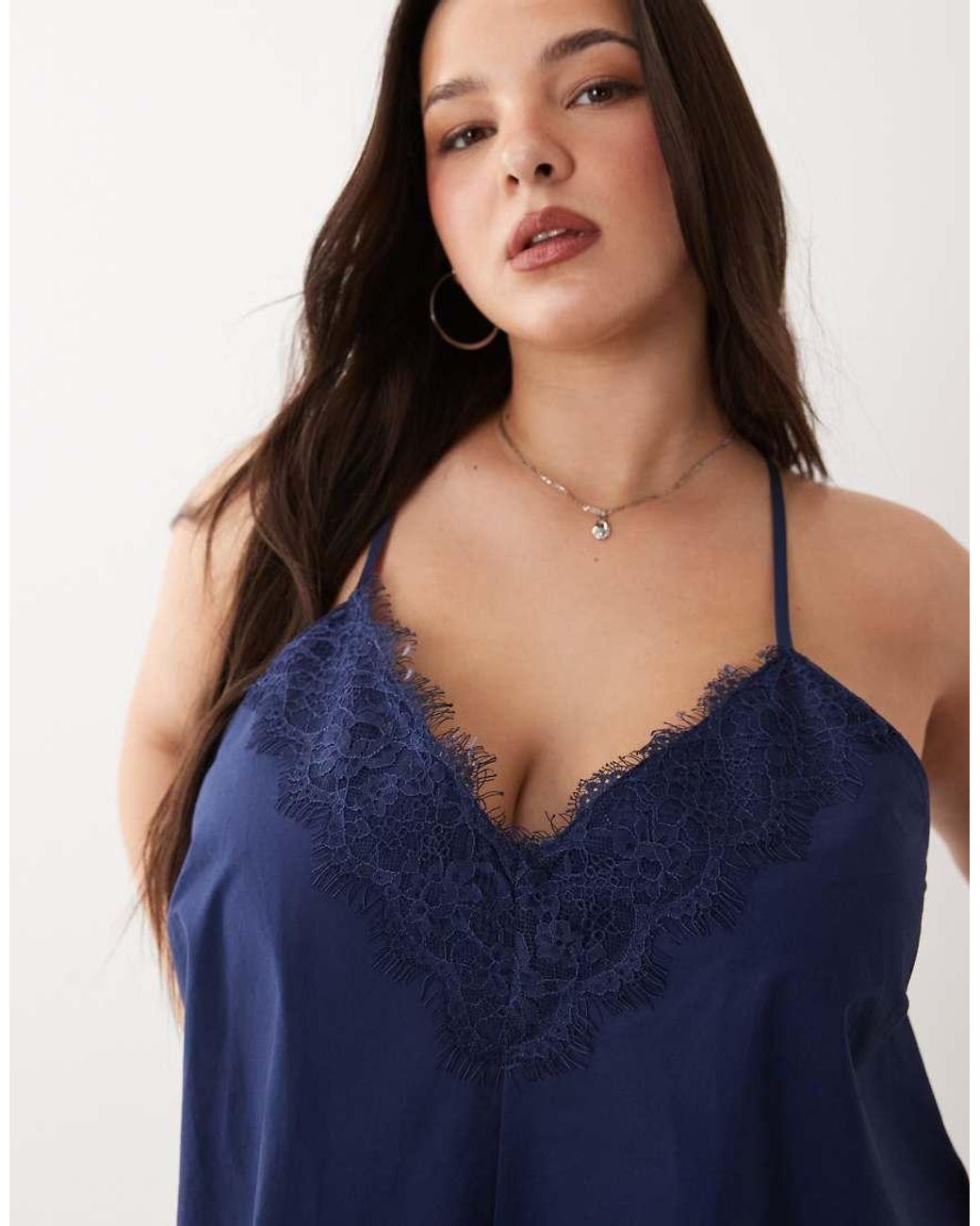 ASOS Blue Asos Design Curve Cami V Neck Mini Sundress With Lace Overlay