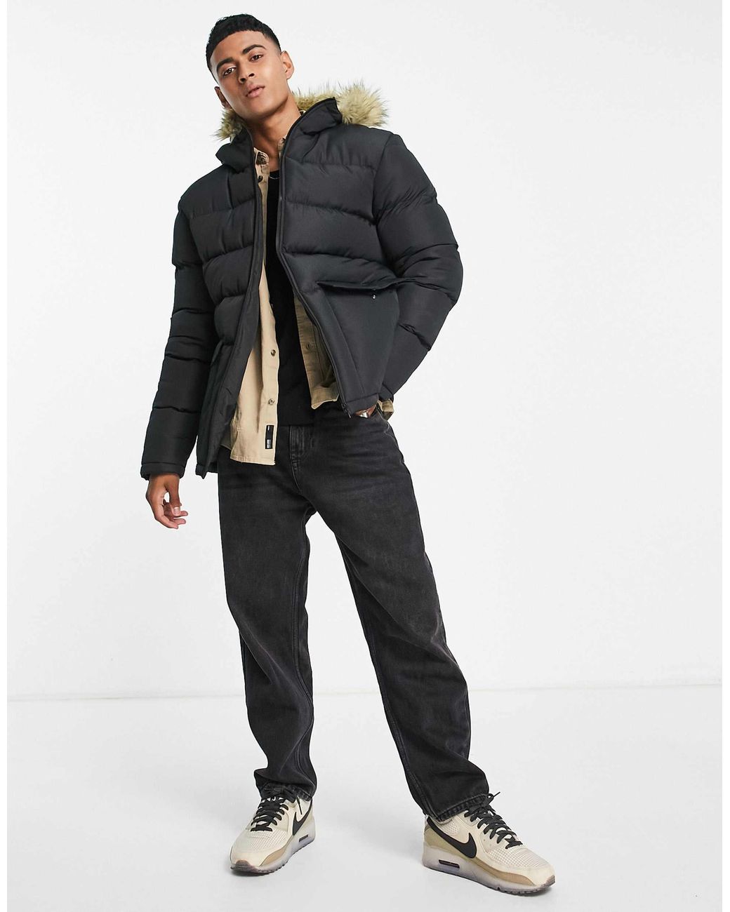 French Connection Padded Parka Jacket With Faux Fur Hood in Blue for Men Lyst