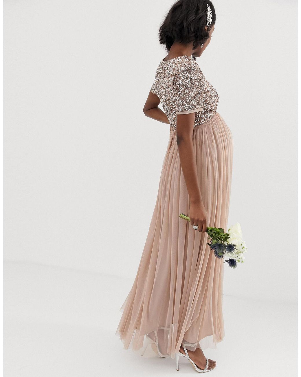 Maya Bridesmaid Long Sleeve Maxi Tulle Dress With Tonal Delicate 