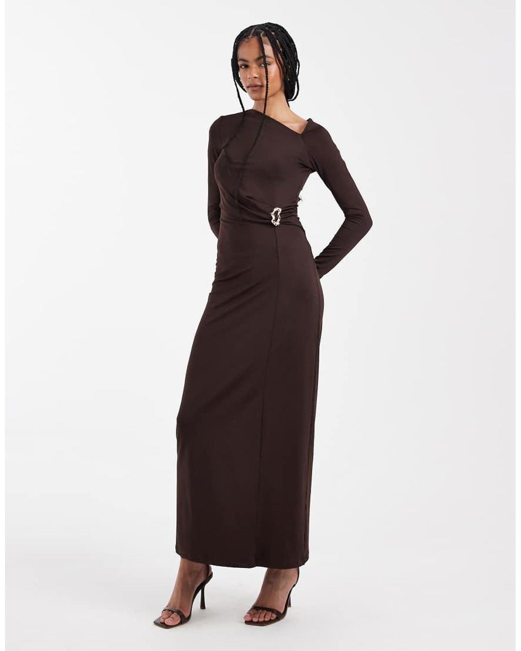 4th & Reckless Brown Double Layered Slinky Off-shoulder Metal Hardware Maxi Dress
