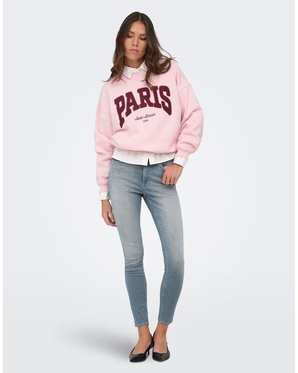 Jdy Pink Mesa Crew Neck Long Sleeve Embroidered Sweatshirt