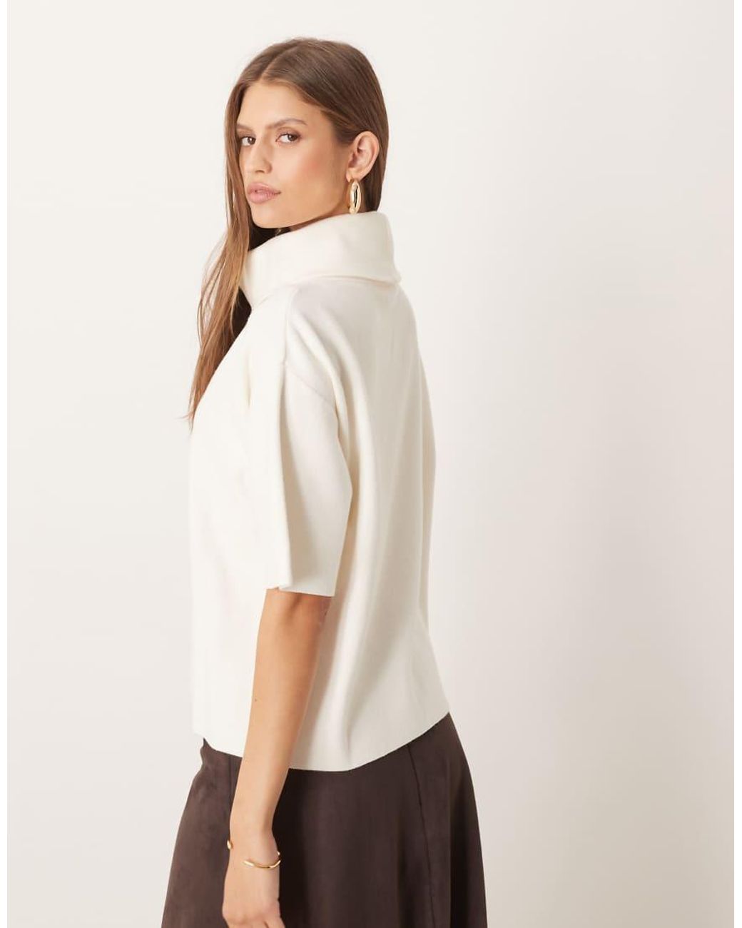 Mango White Roll Neck Short Sleeve Knitted Top
