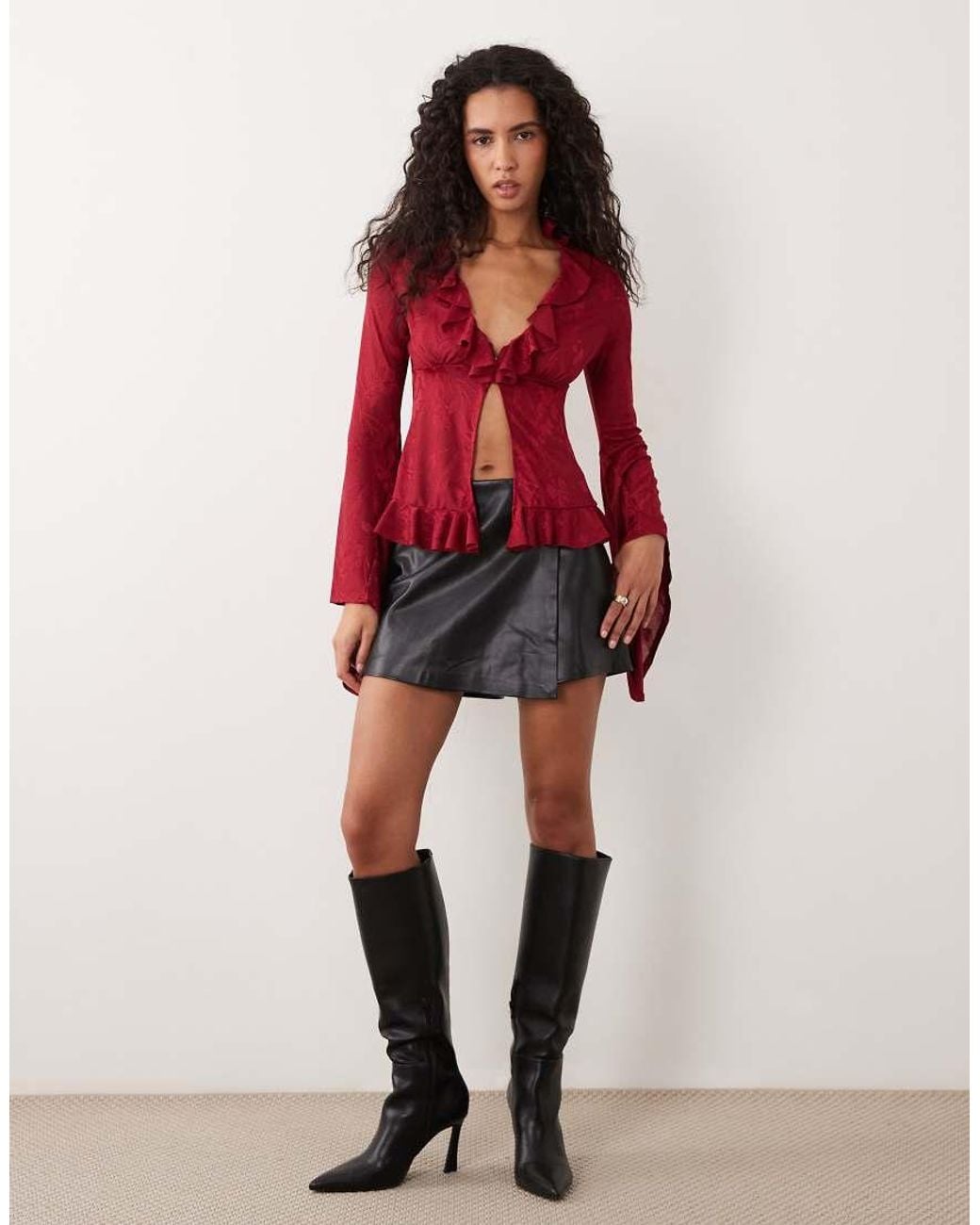 ASOS Red Satin Devore Ruffle Top