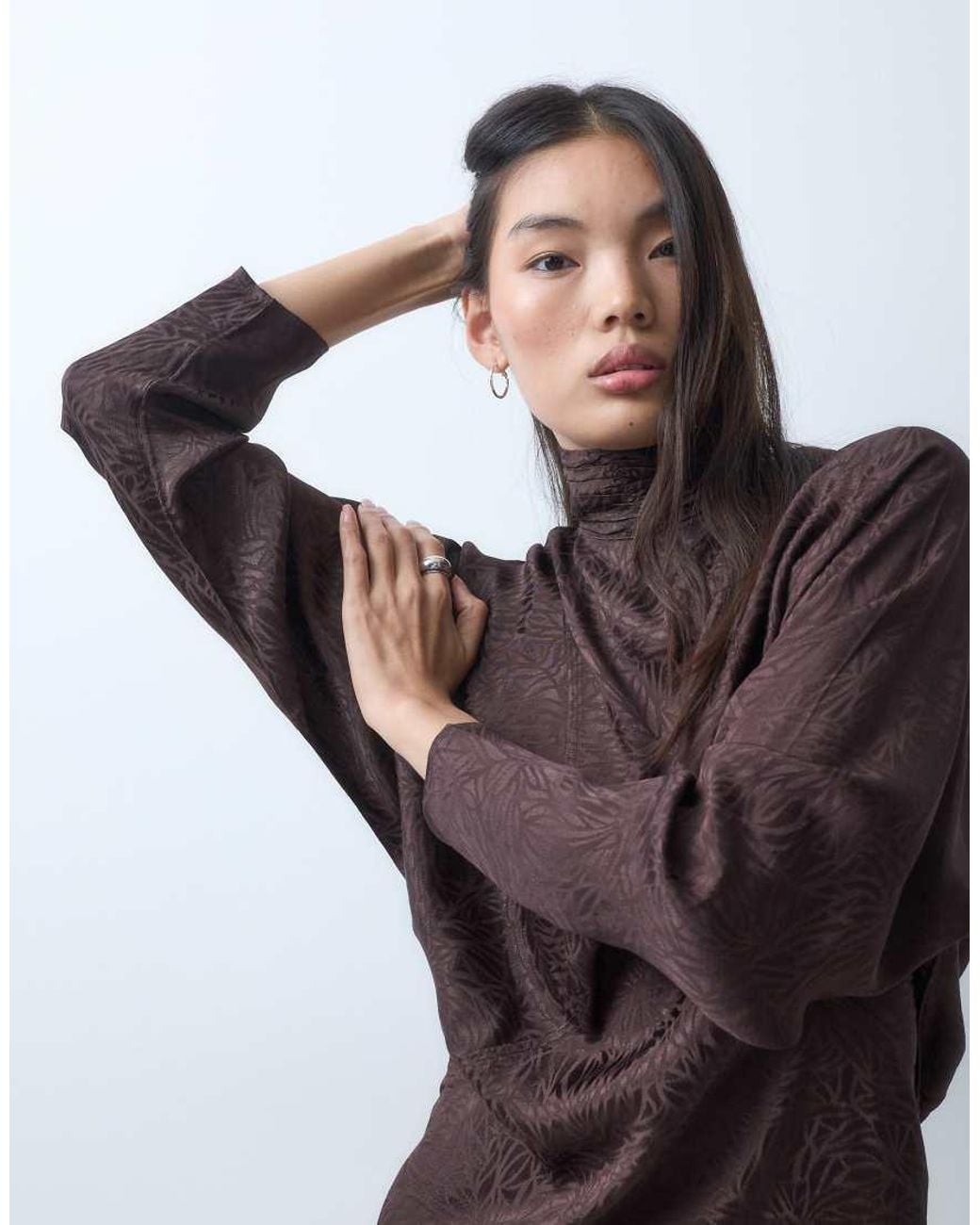 ASOS Brown High Neck Batwing Satin Jacquard Mini Dress