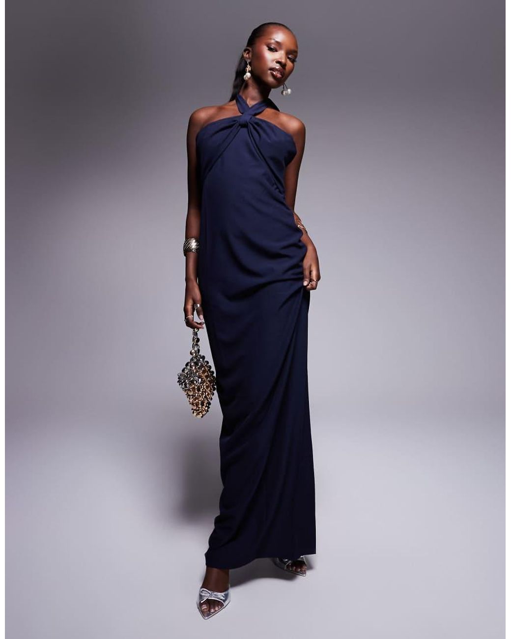 Vesper Blue Halterneck Maxi Dress With Bow