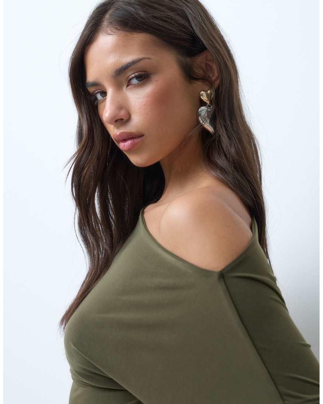 Kaiia Green Exclusive Double Sculpted Slinky Asymmetric Shoulder Ruched Side Detail Top Co-Ord