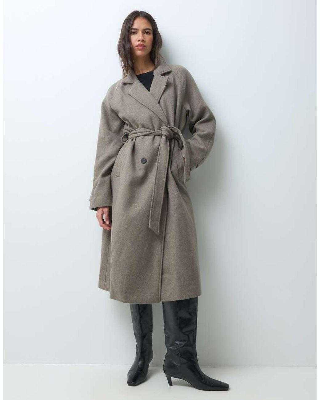 Vila Gray Belted Longline Double Breasted Formal Coat