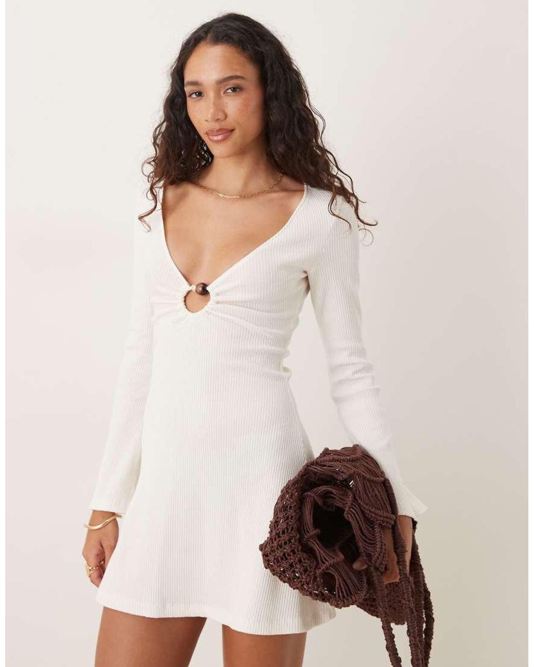 ASOS Natural Crochet Long Sleeve Hardware Detail Mini Dress