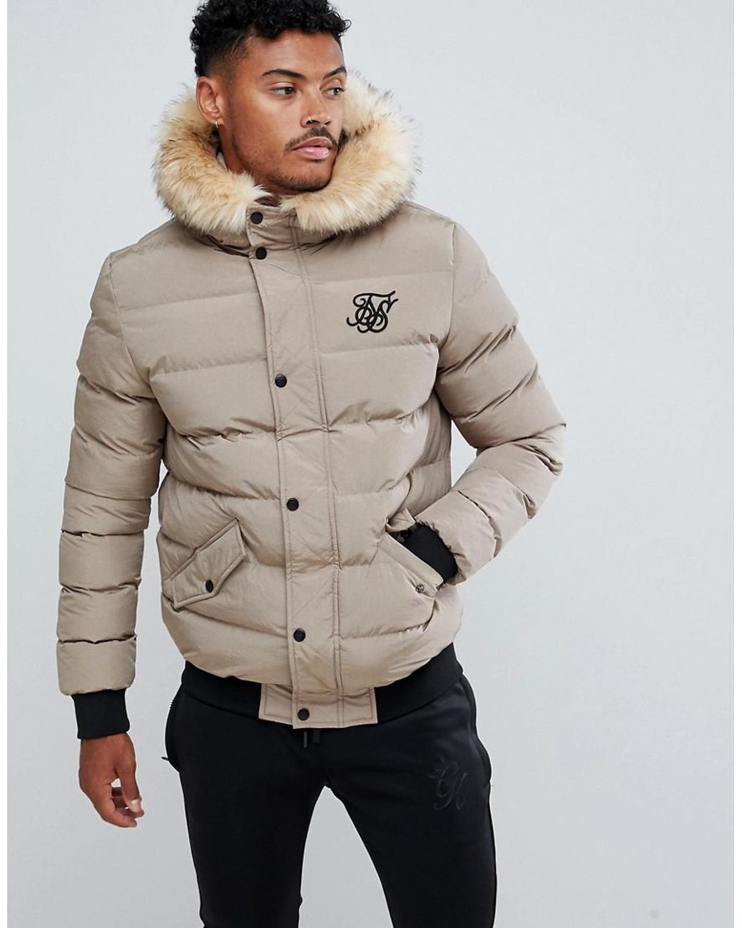 Oprichter Hertellen Leven van SIKSILK Puffer Jacket With Faux Fur Hood In Beige in Natural for Men | Lyst