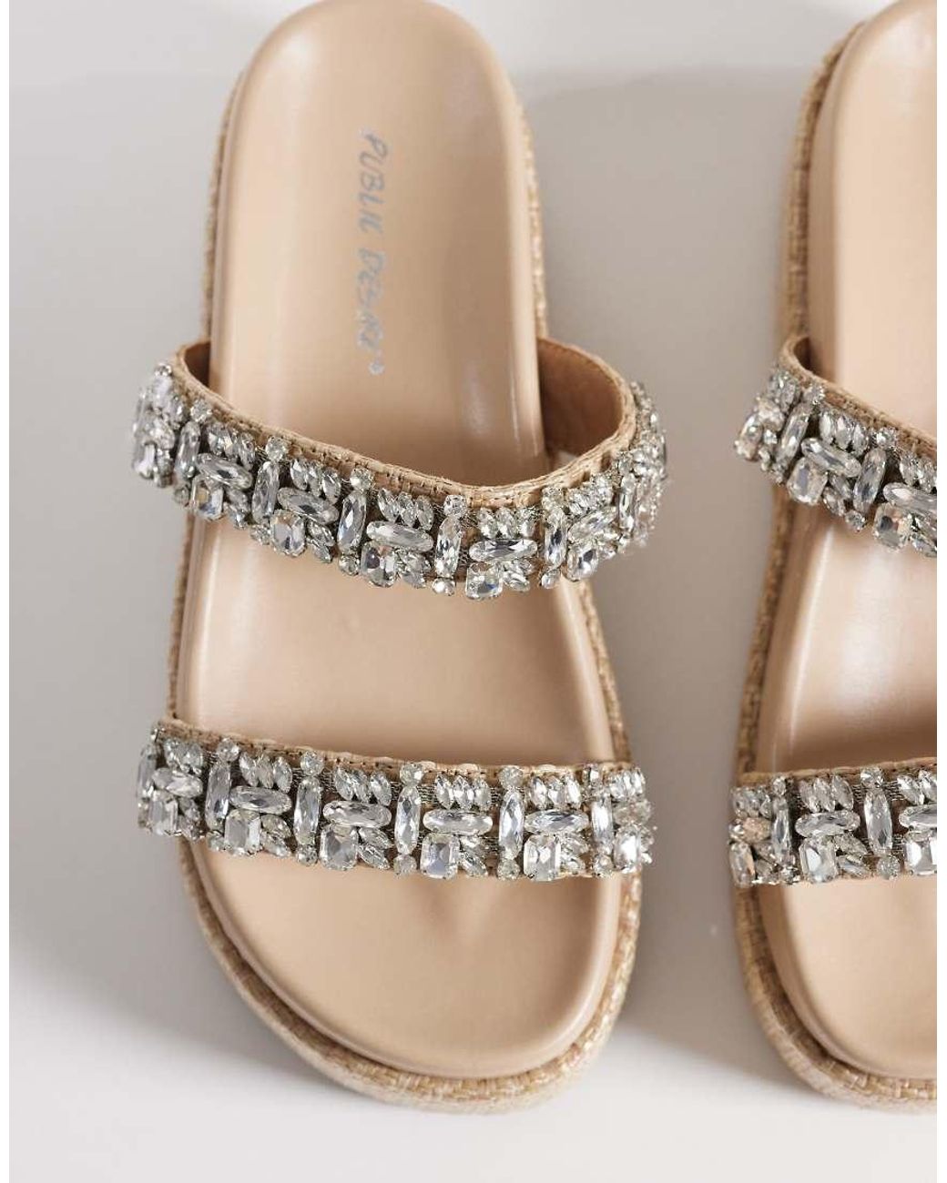 Public Desire Natural Darcy Platform Raffia Sandals With Embellished Straps-brown
