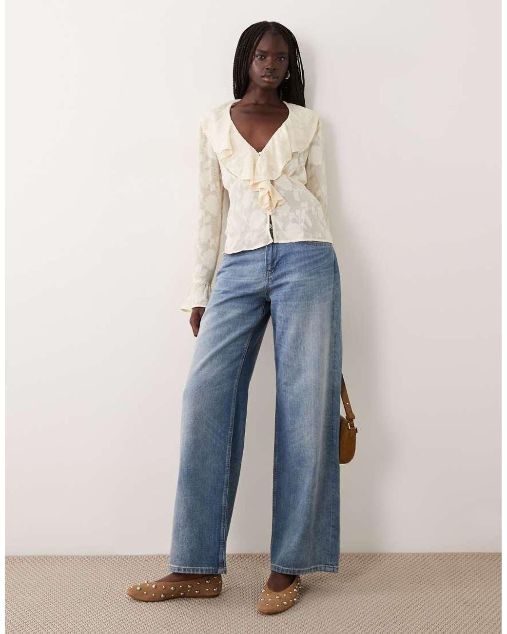 Pieces Natural Ruffle Trim Blouse