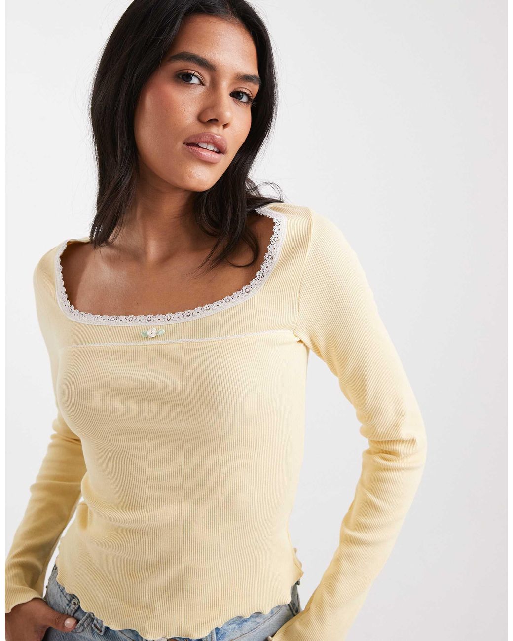 Miss Selfridge Fitted Square Neck Rib Top With Lace Trim in Natural | Lyst