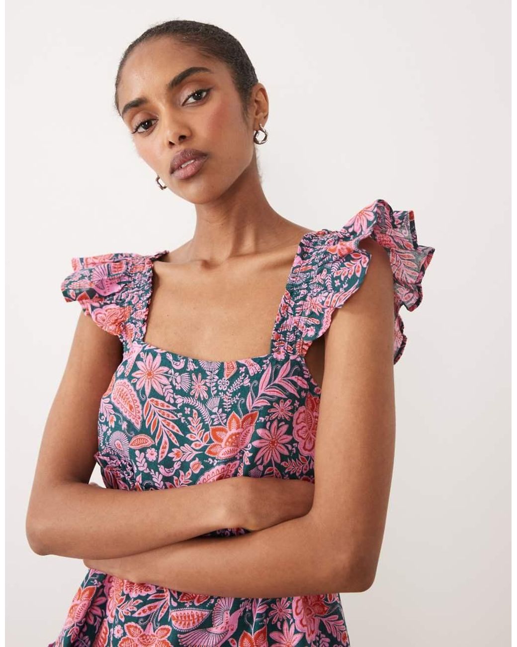 Accessorize Red Floral Mini Beach Dress With Frill Straps