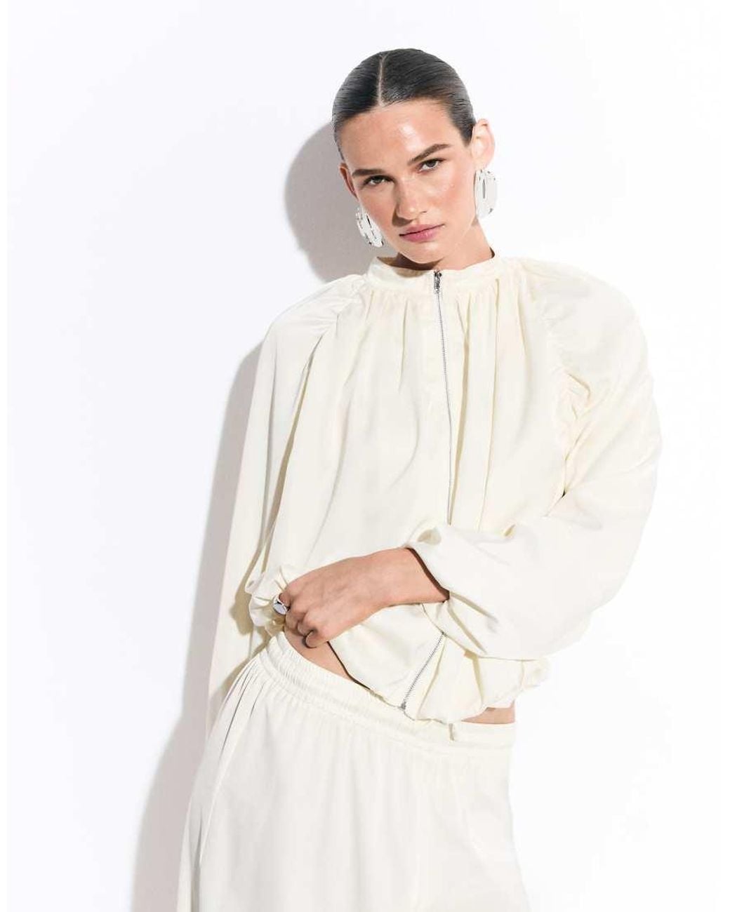 Missy Empire White Missy Empire Satin Balloon Sleeve Bomber Jacket