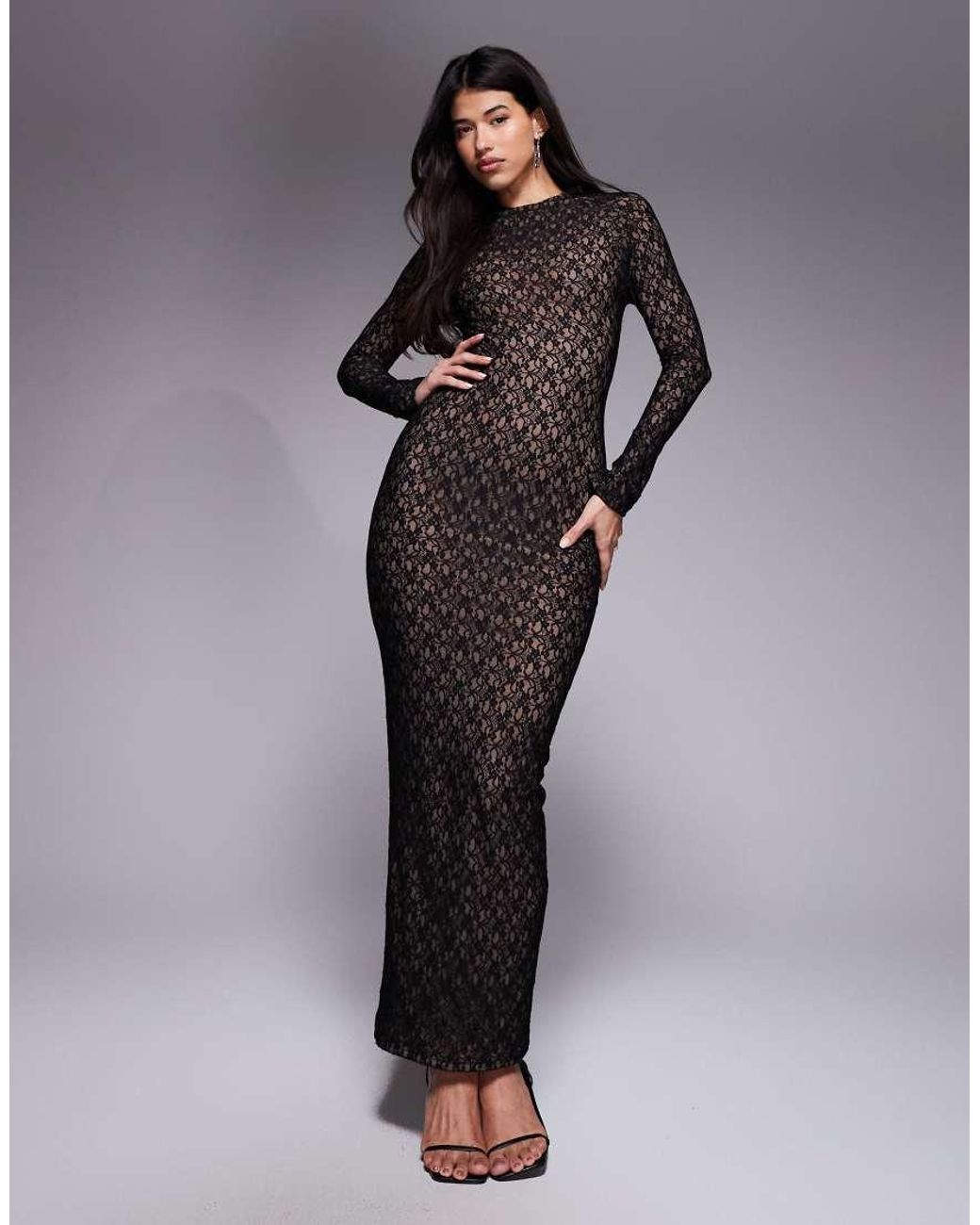 Ruched & Ready Black High Neck Long Sleeve Sculpting Lace Maxi Dress