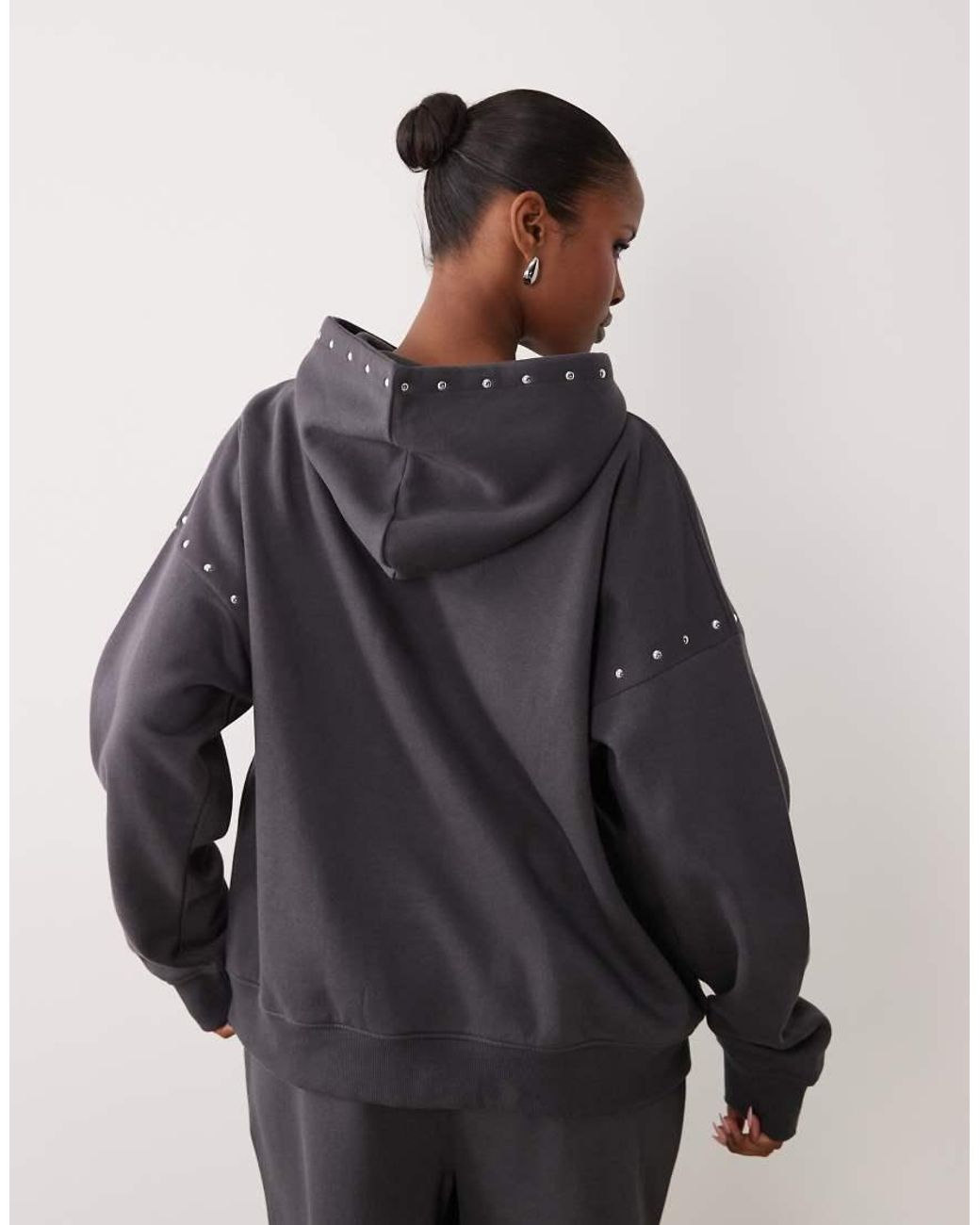Kaiia Gray Cotton Rich Studded Oversized Embroidered Logo Hoodie