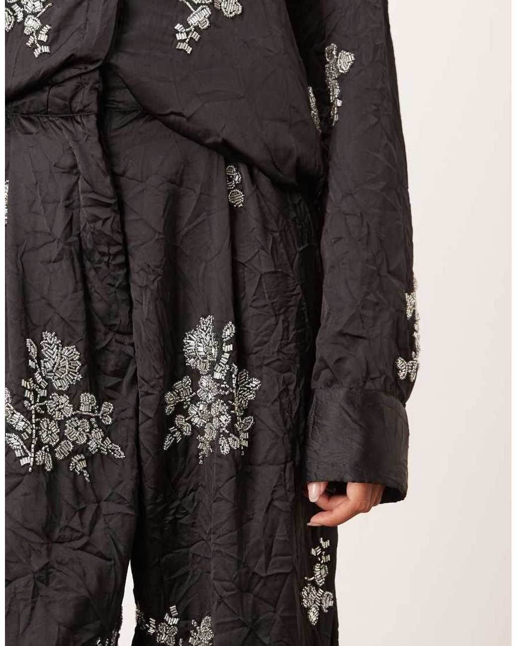 ARRANGE Natural Crinkle Satin Floral Embellished Trouser Co-Ord