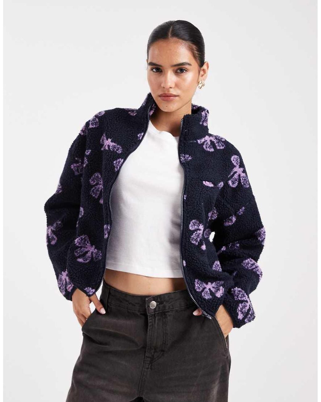 Brave Soul Blue Bow Print Full Zip Fleece
