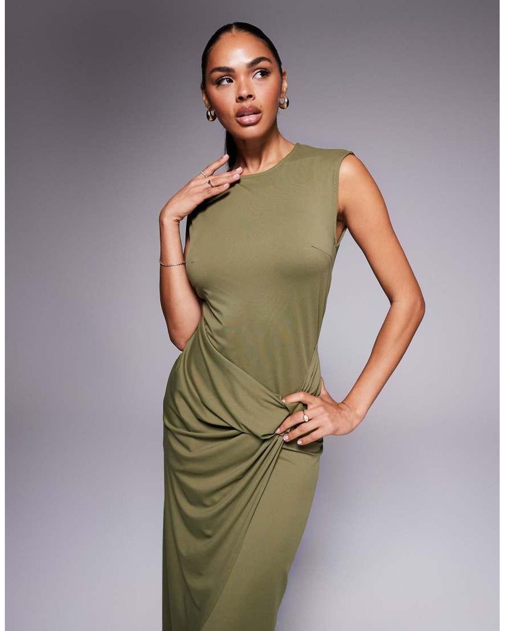 ASOS Green Slash Neck Twist Front Midi Dress