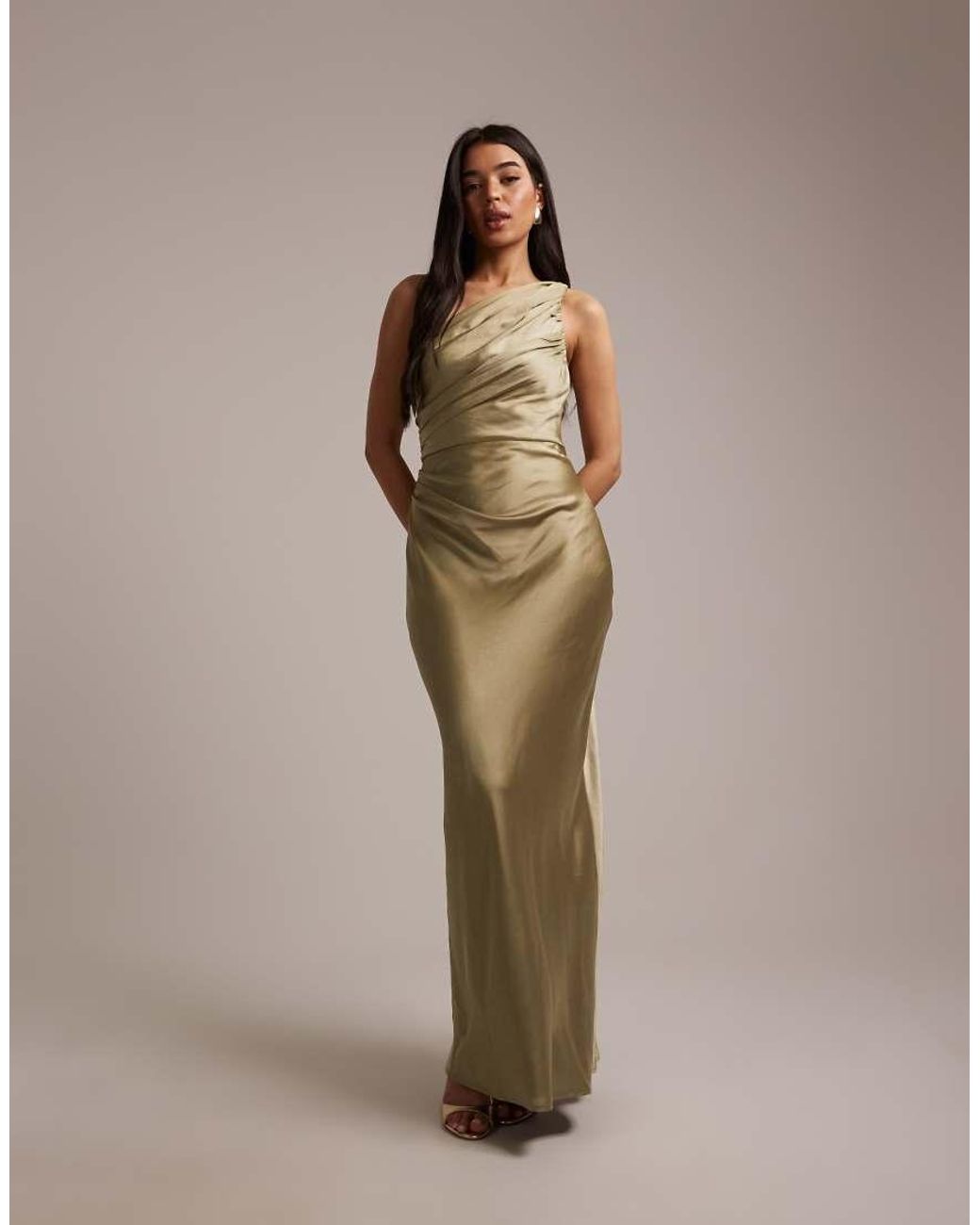 Pretty Lavish Natural Bridesmaids Juliet Satin Gathered One Shoulder Maxi Dress
