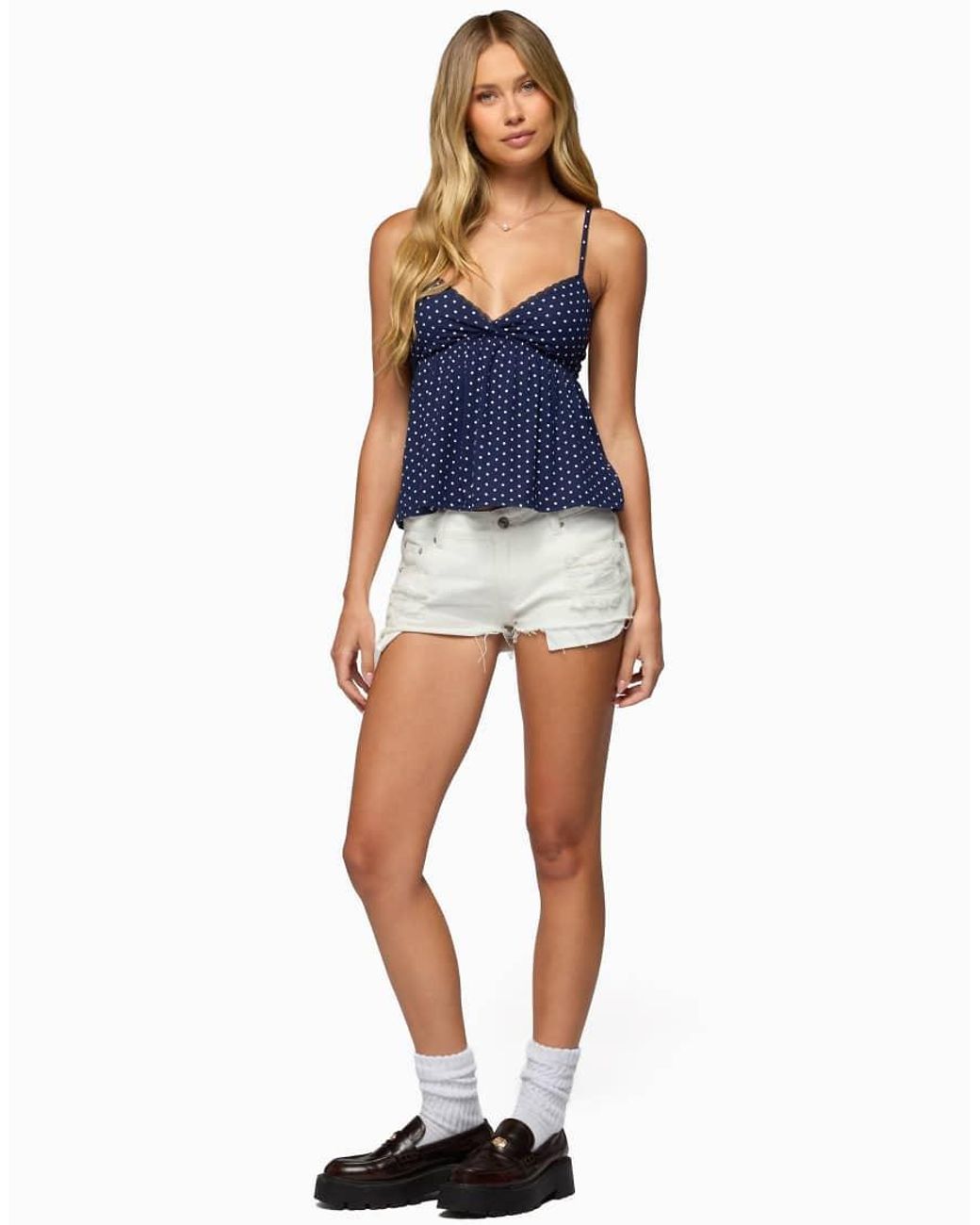 Edikted Blue Belen Polka Dot Lacey Babydoll Top