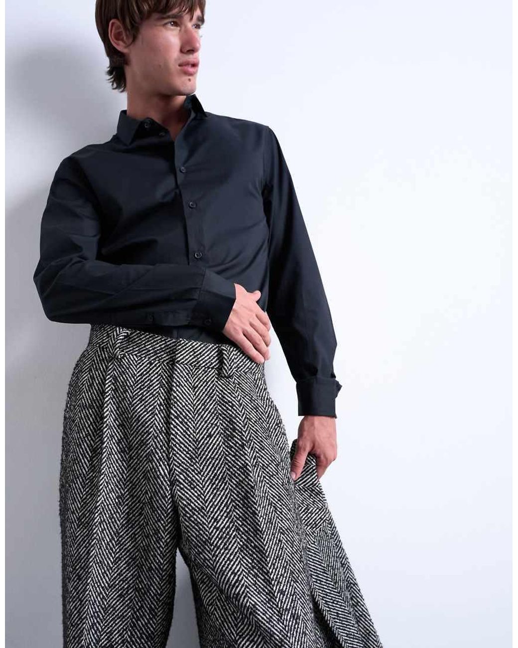 Topman Metallic Wide Leg Wool Blend Herringbone Trousers for men